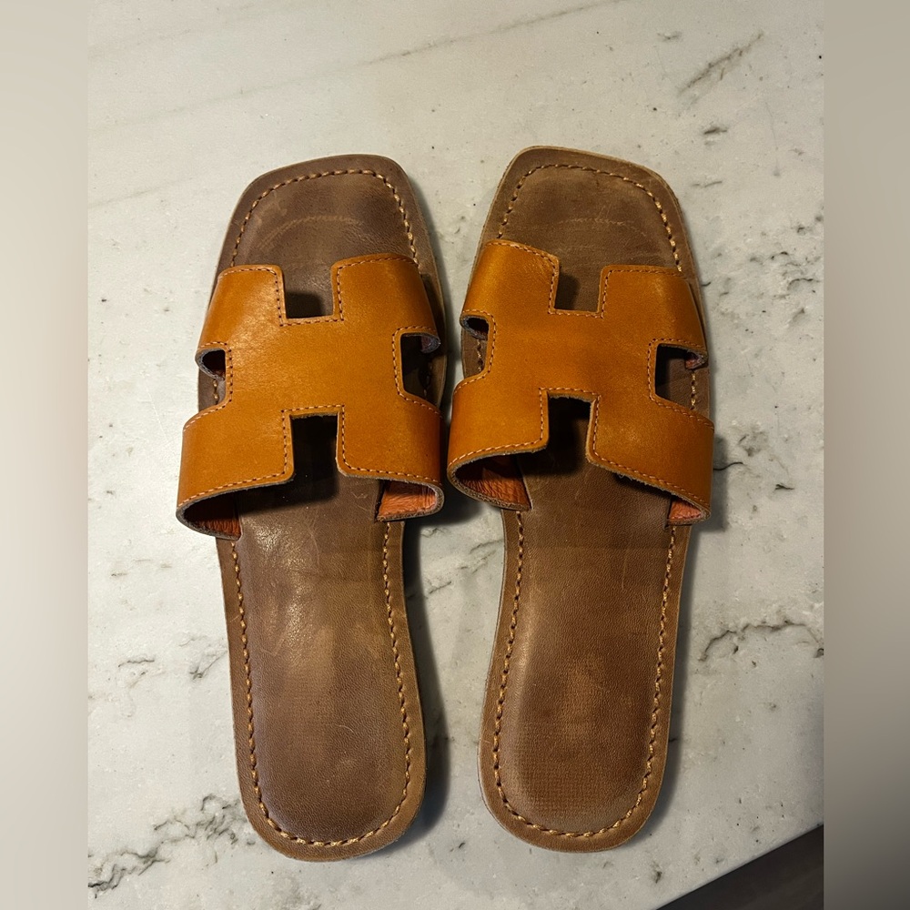 Leather Tan Slide Sandals